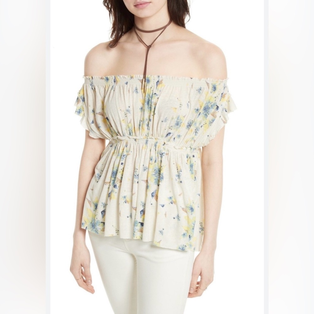 We The Free Floral Off-Shoulder Top - Cream and Blue